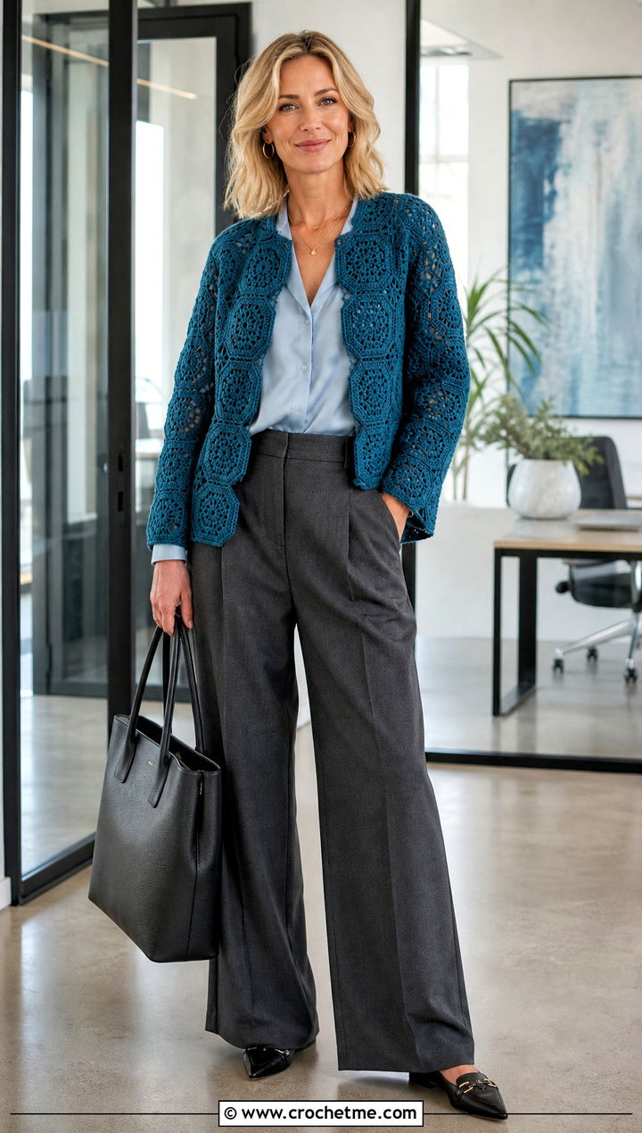 Hexagon Crochet Blanket Jacket With Tailored Trousers - 25 crochet blanket jacket outfit ideas
