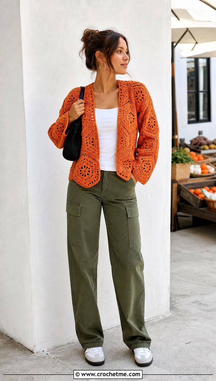 Hexagon Crochet Cardigan Sweater With Cargo Pants - 35 easy crochet sweaters outfit ideas