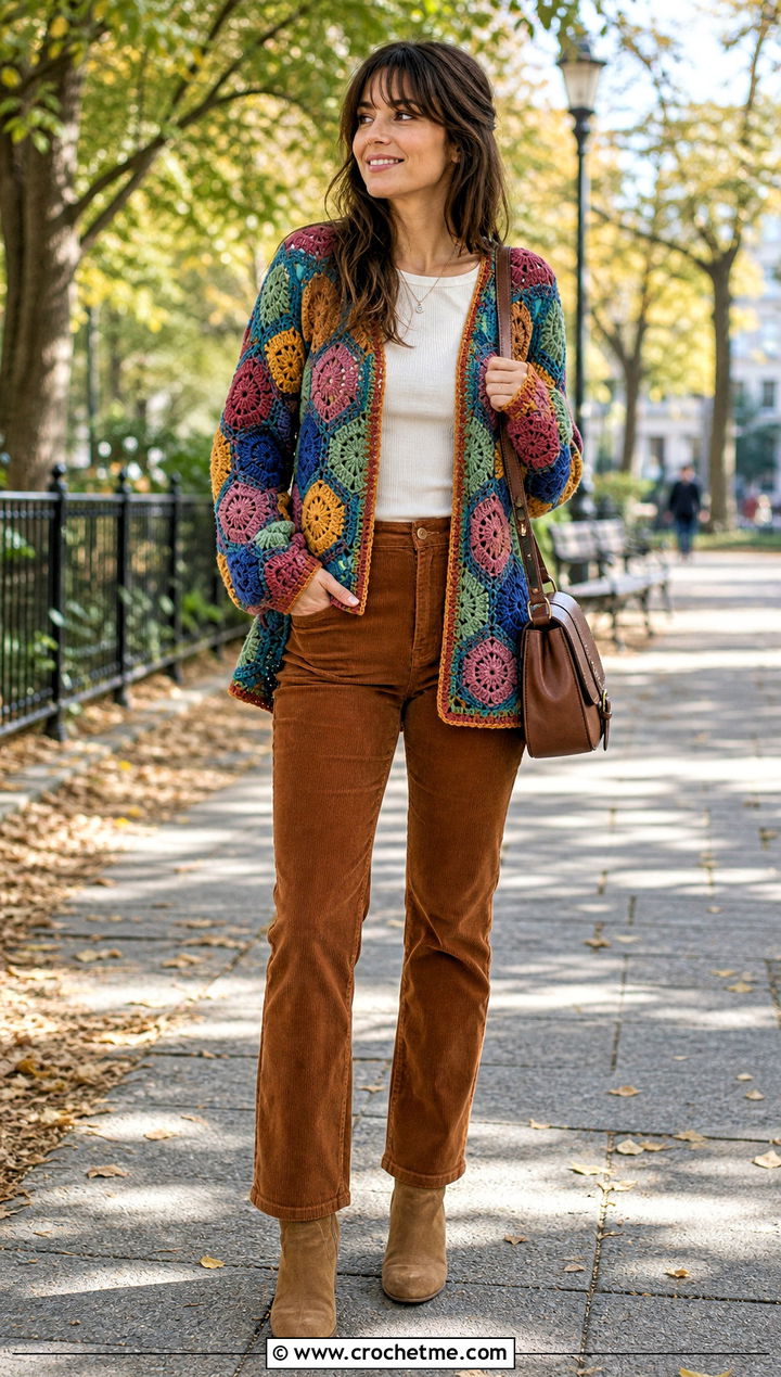 Hexagon Crochet Cardigan Sweater With Corduroy Pants - 35 diy crochet sweater outfit ideas