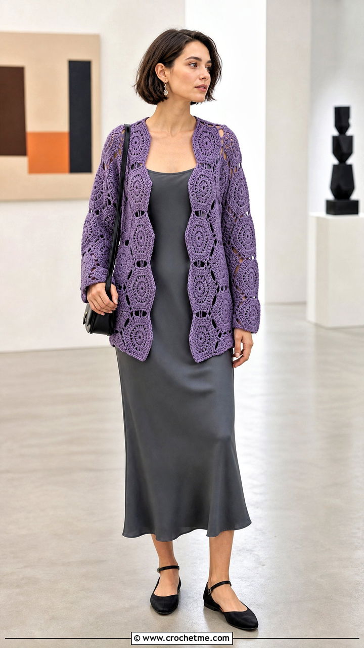 Hexagon Crochet Cardigan Sweater With Slip Dress - 35 cute crochet sweaters outfit ideas