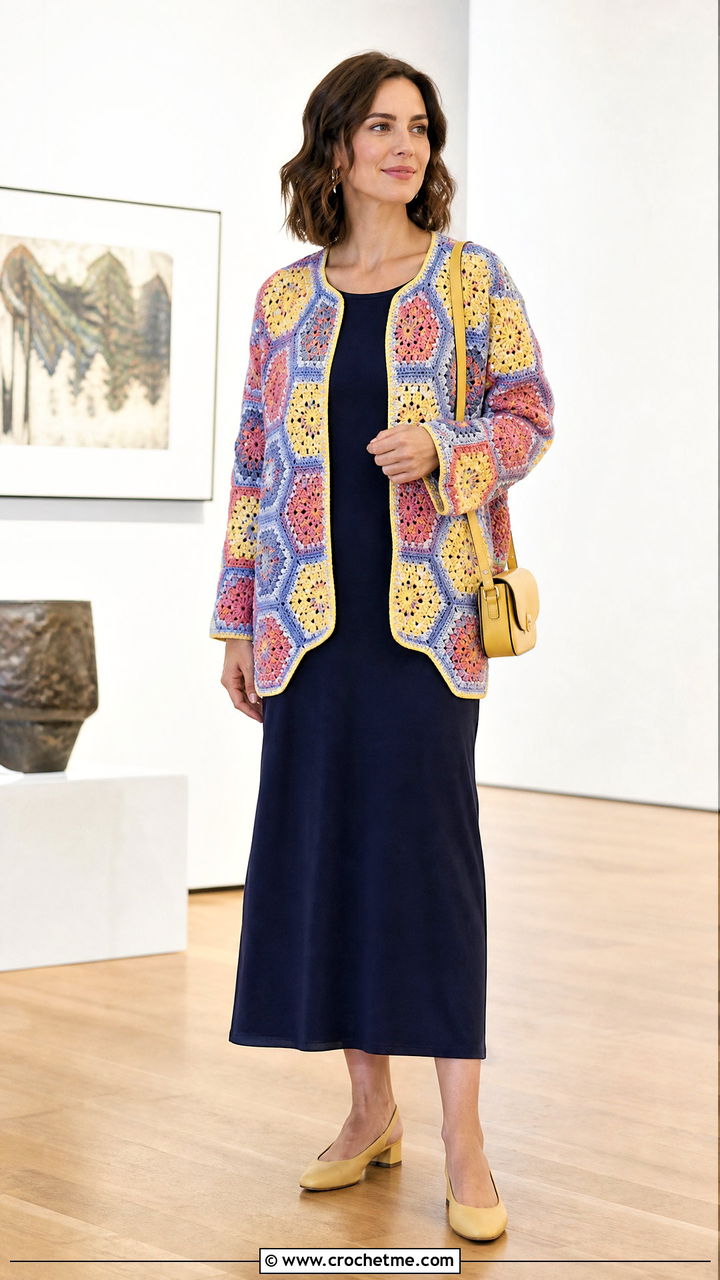 Hexagon Crochet Cardigan With A Column Dress - 35 colorful crochet sweater outfit ideas