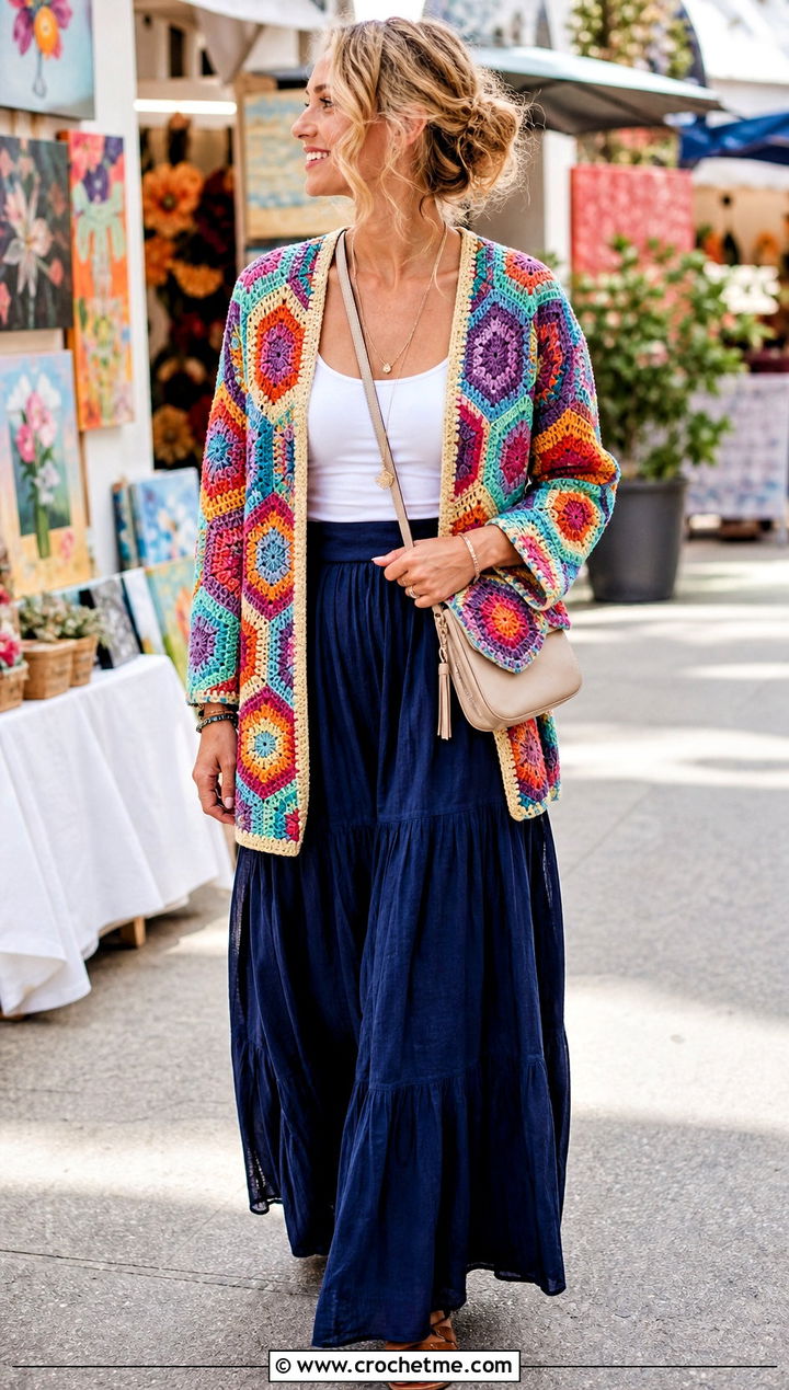 Hexagon Crochet Cardigan With A Maxi Skirt - 25 womens crochet cardigan outfit ideas
