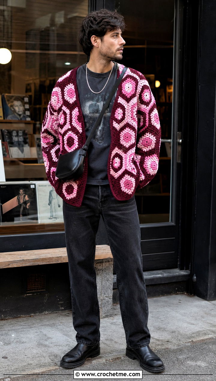 Hexagon Crochet Cardigan With Black Denim - 35 mens crochet cardigan outfit ideas