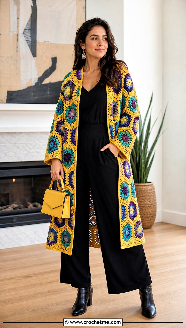 Hexagon Crochet Cardigan With Black Jumpsuit - 30 fall crochet sweaters outfit ideas
