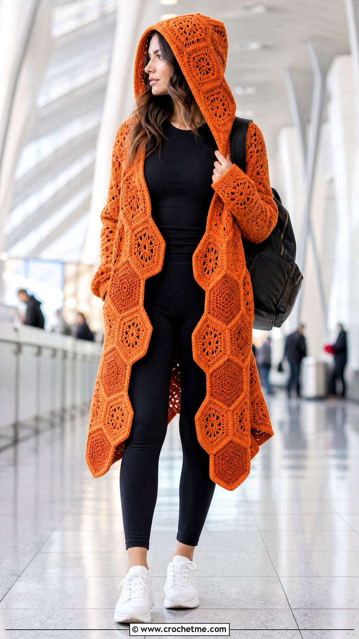 Hexagon Crochet Cardigan With Black Leggings - 35 crochet cardigan women outfit ideas