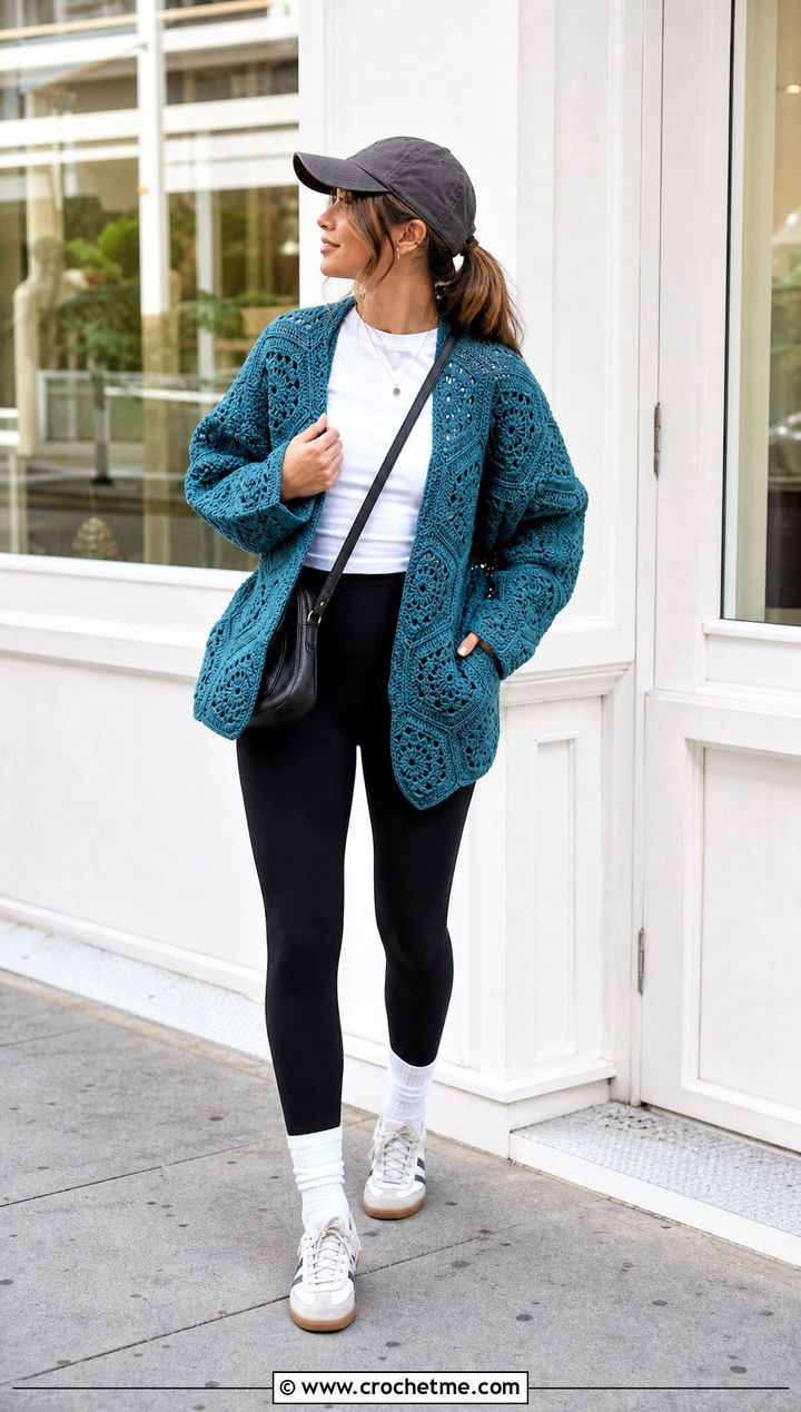 Hexagon Crochet Cardigan With Black Leggings - 30 diy crochet cardigan outfit ideas