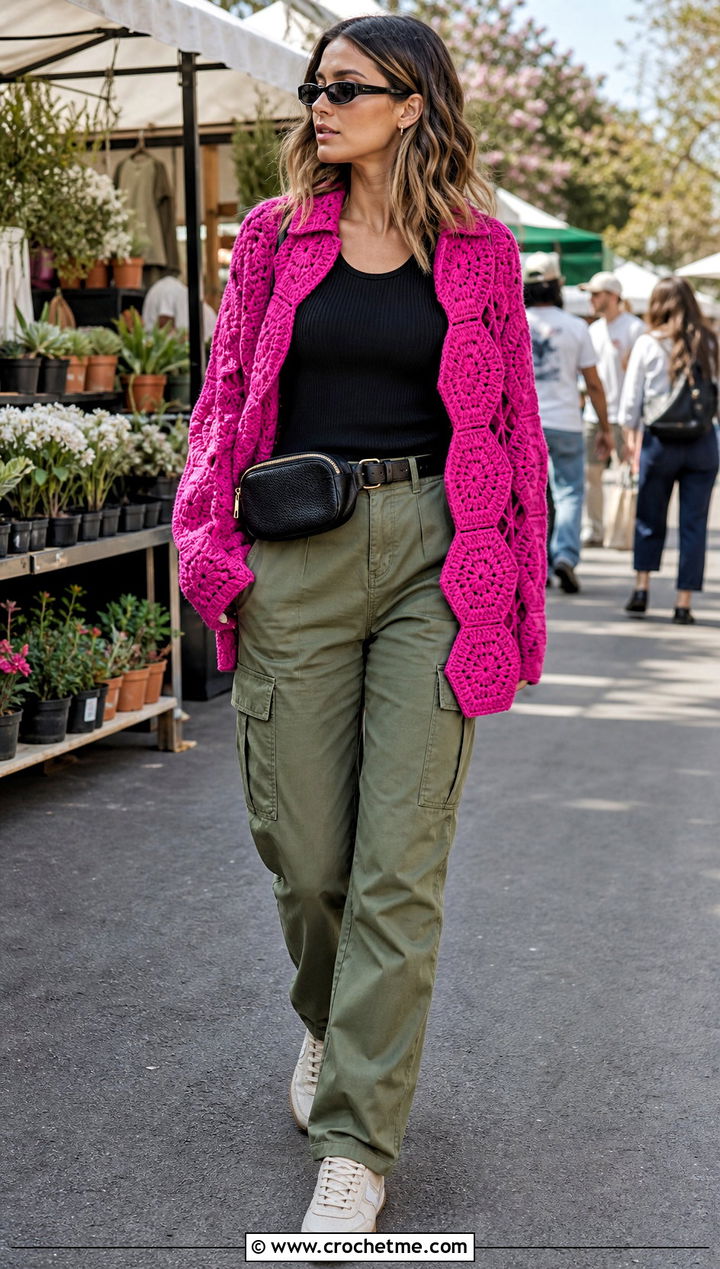 Hexagon Crochet Cardigan With Cargo Pants - 30 crochet spring cardigan outfit ideas