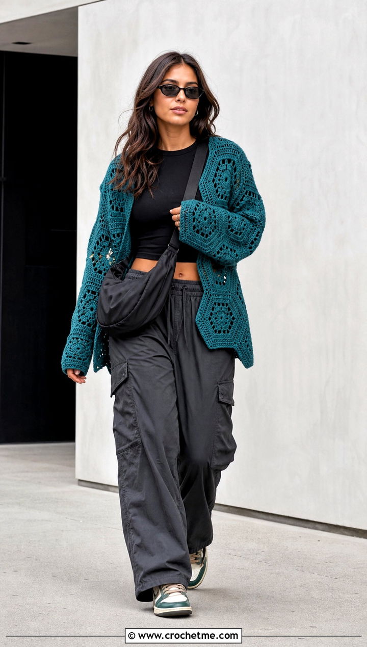 Hexagon Crochet Cardigan With Cargo Pants - 15 Aesthetic Crochet Cardigan outfit ideas