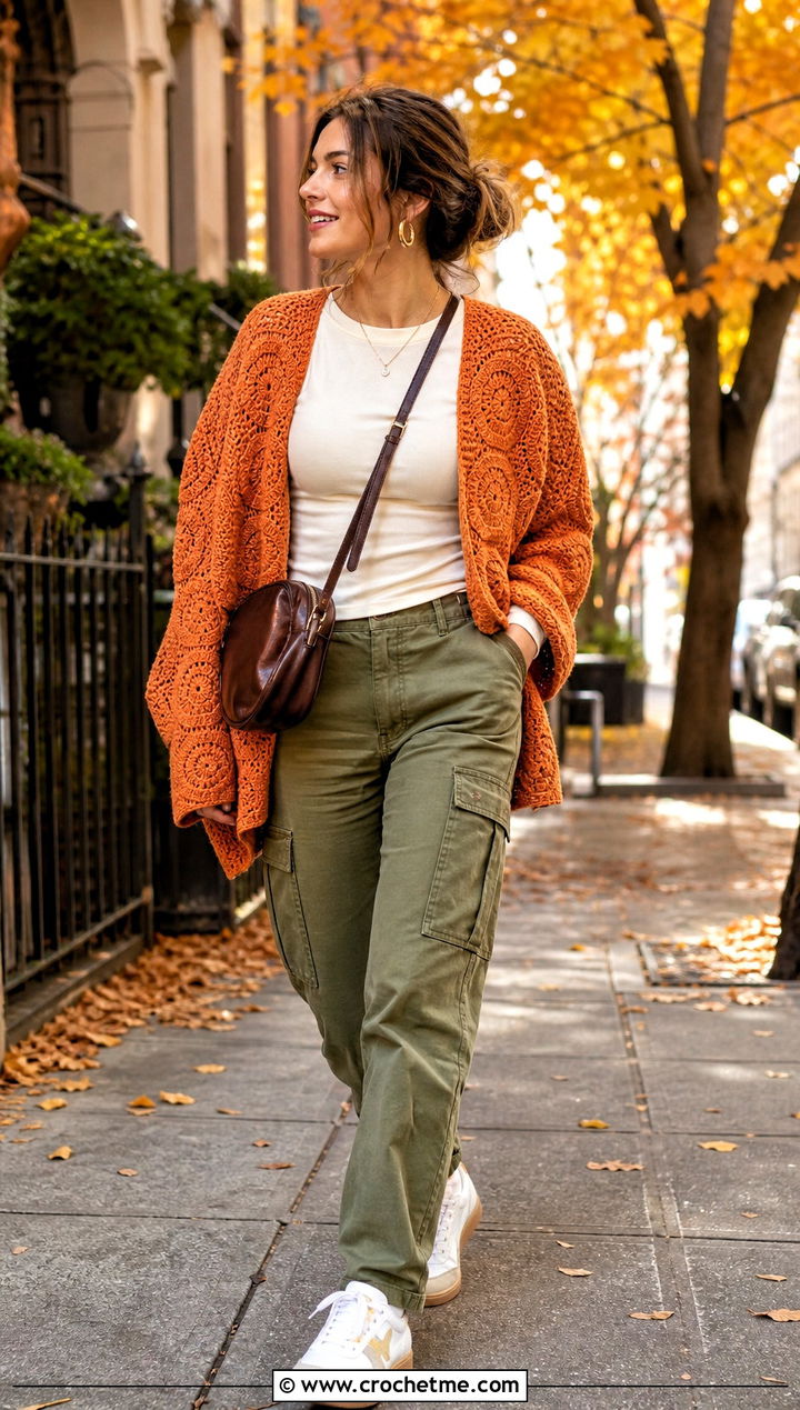 Hexagon Crochet Cardigan With Cargo Pants - 15 Autumn Crochet Cardigan Style outfit ideas