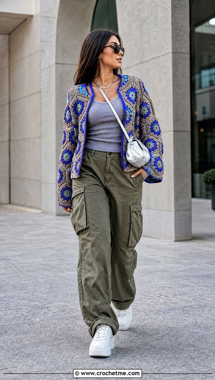 Hexagon Crochet Cardigan With Cargo Pants - 15 crochet cardigan with blue accents outfit ideas