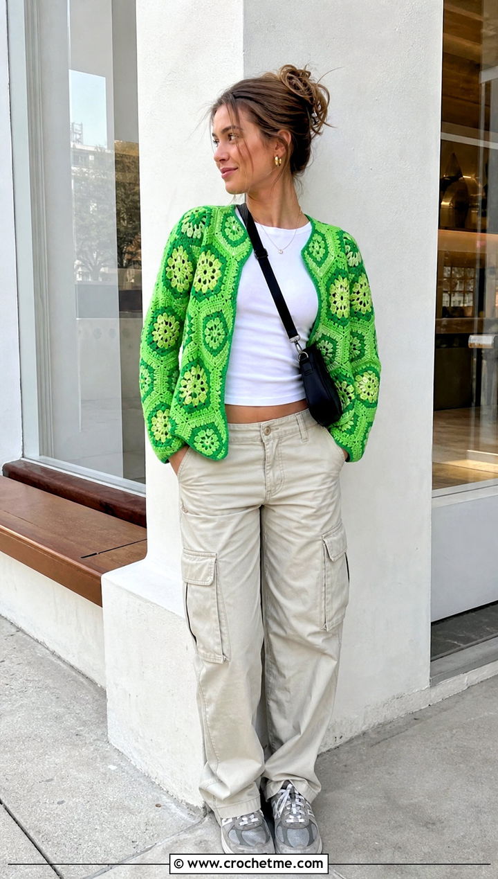 Hexagon Crochet Cardigan With Cargo Pants - 15 Crochet Womens Cardigans outfit ideas