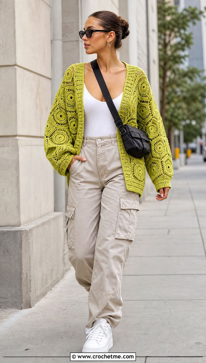 Hexagon Crochet Cardigan With Cargo Pants - 15 Easy Crocheted Cardigan outfit ideas
