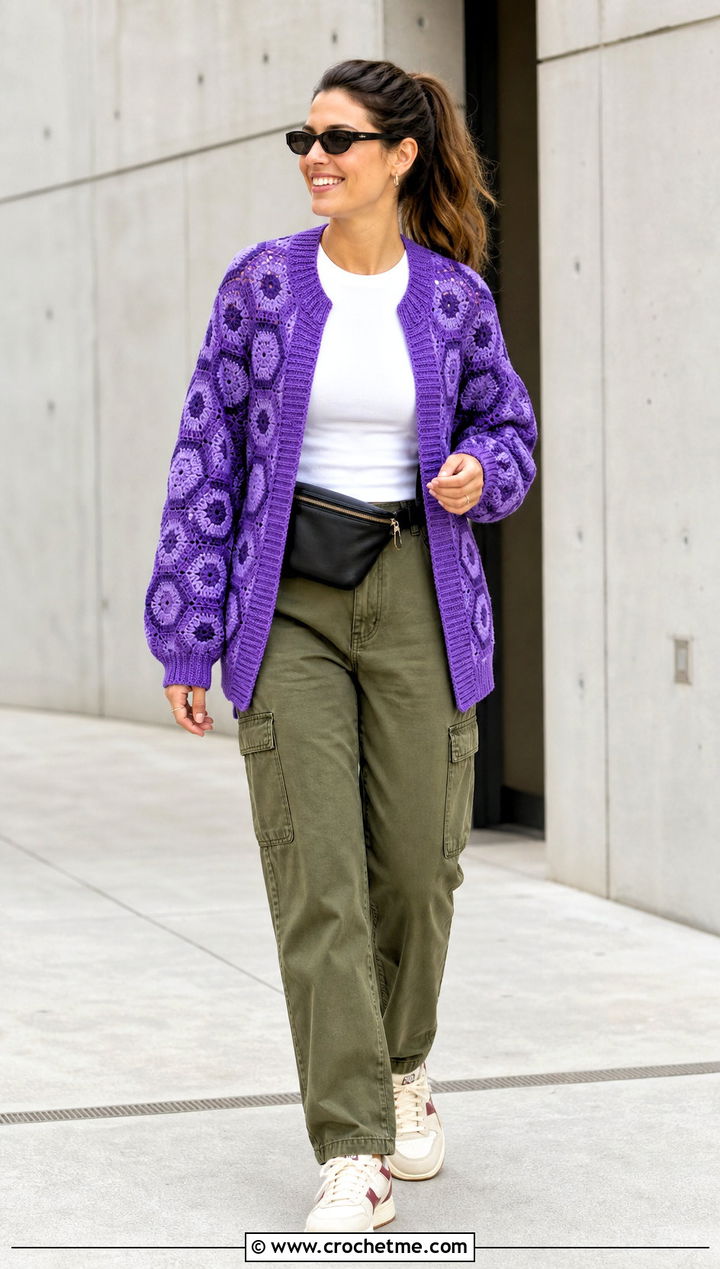 Hexagon Crochet Cardigan With Cargo Pants - 15 very easy crochet cardigan outfit ideas