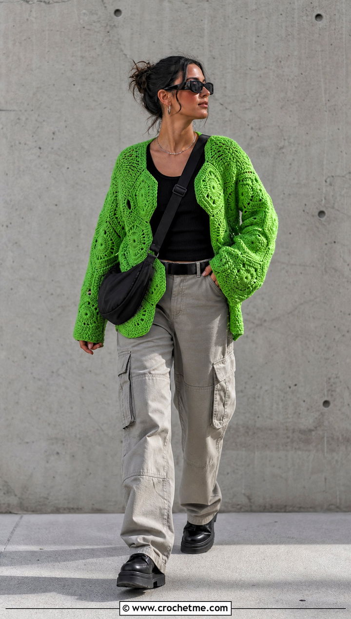 Hexagon Crochet Cardigan With Cargo Pants - 15 Women Crochet Cardigan outfit ideas