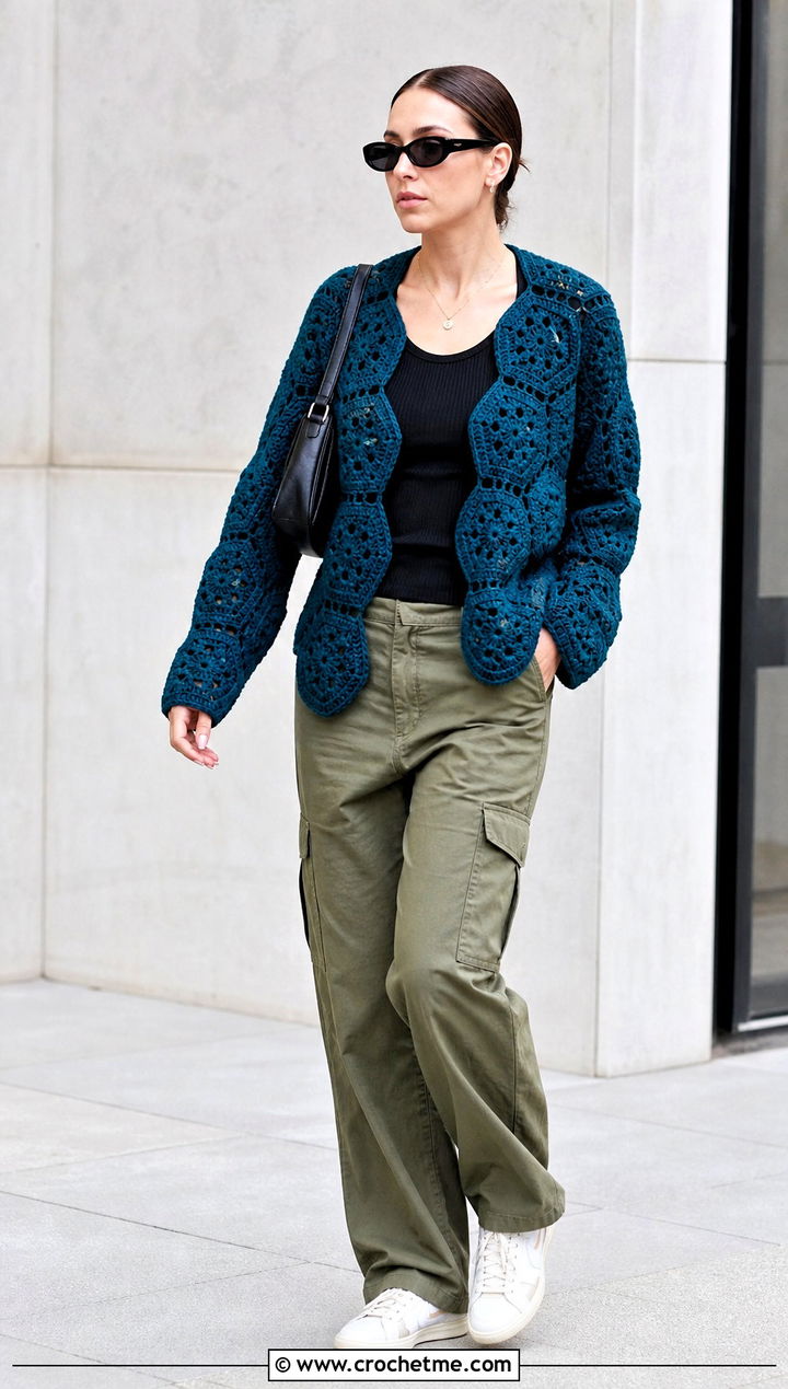Hexagon Crochet Cardigan With Cargo Pants - 20 crochet for ladies cardigans outfit ideas