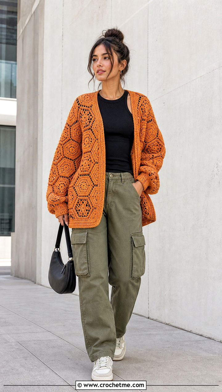 Hexagon Crochet Cardigan With Cargo Pants - 25 Crochet Cardigan Outfit Aesthetic outfit ideas