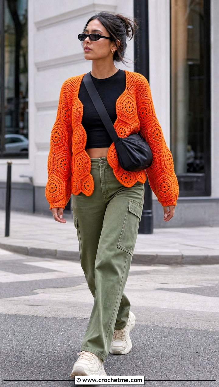 Hexagon Crochet Cardigan With Cargo Pants - 30 cute crochet cardigans outfit ideas