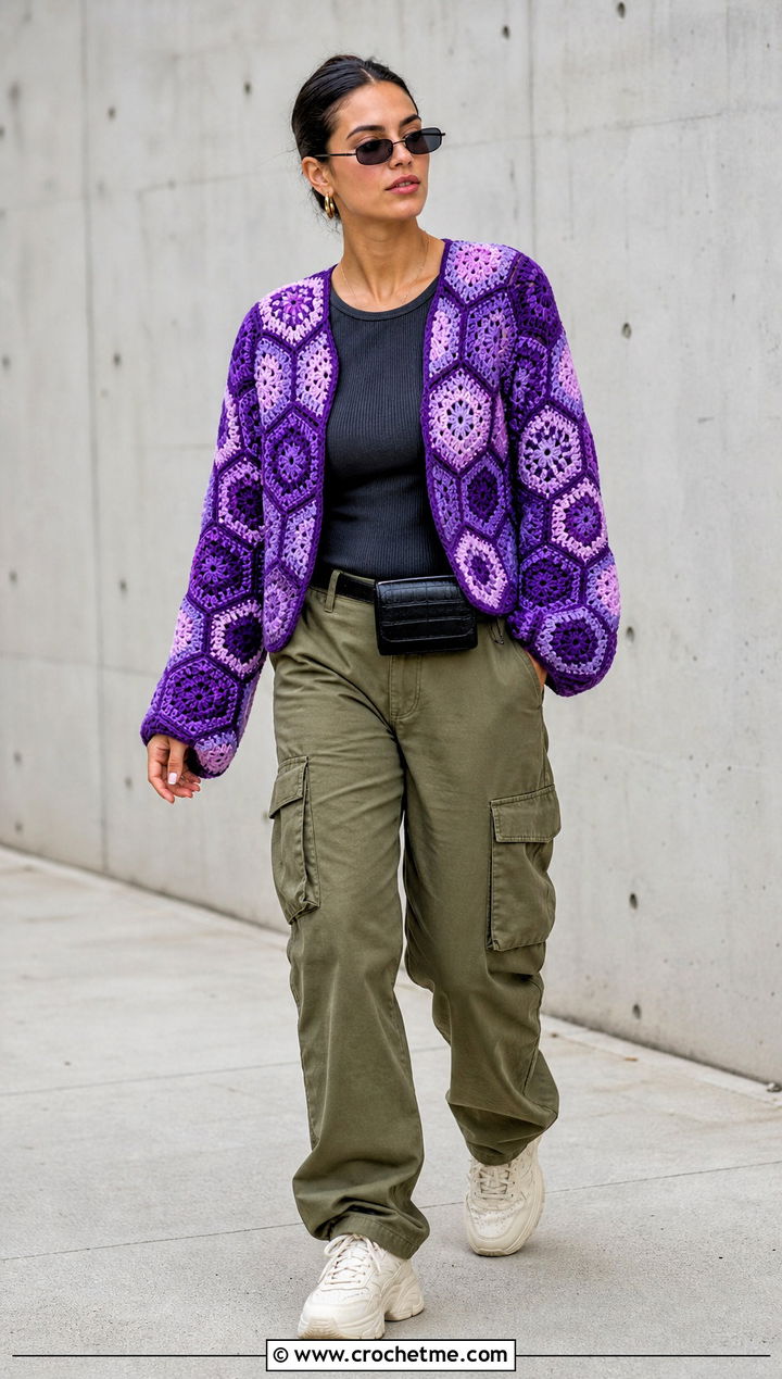 Hexagon Crochet Cardigan With Cargo Pants - 30 long crochet cardigan outfit ideas