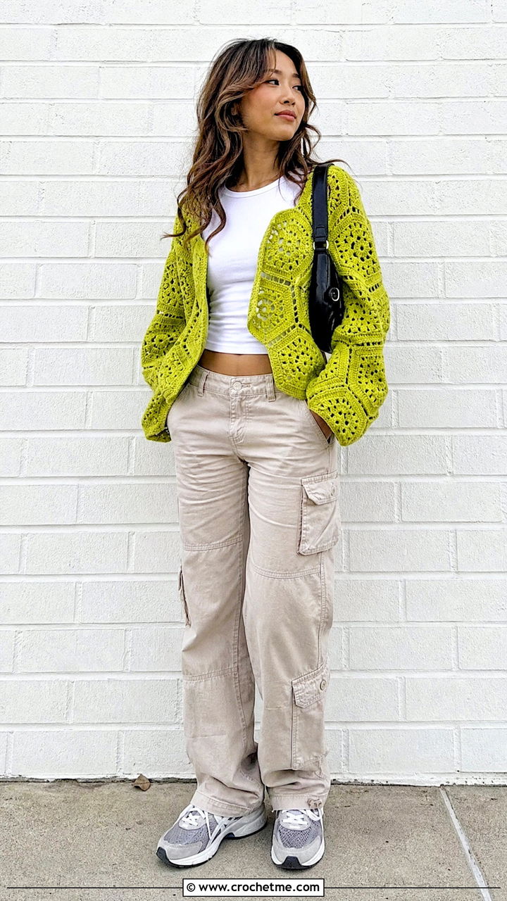 Hexagon Crochet Cardigan With Cargo Pants - 35 easy crochet cardigan outfit ideas