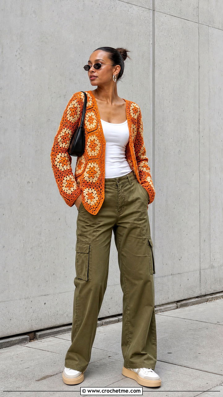 Hexagon Crochet Cardigan With Cargo Pants - 35 easy crochet cardigan women outfit ideas