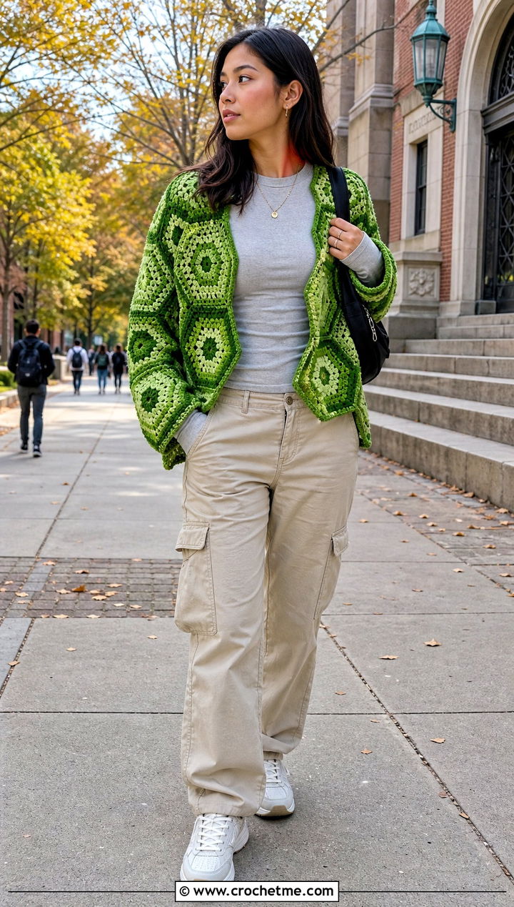 Hexagon Crochet Cardigan With Cargo Pants - 35 fall crochet cardigan outfit ideas