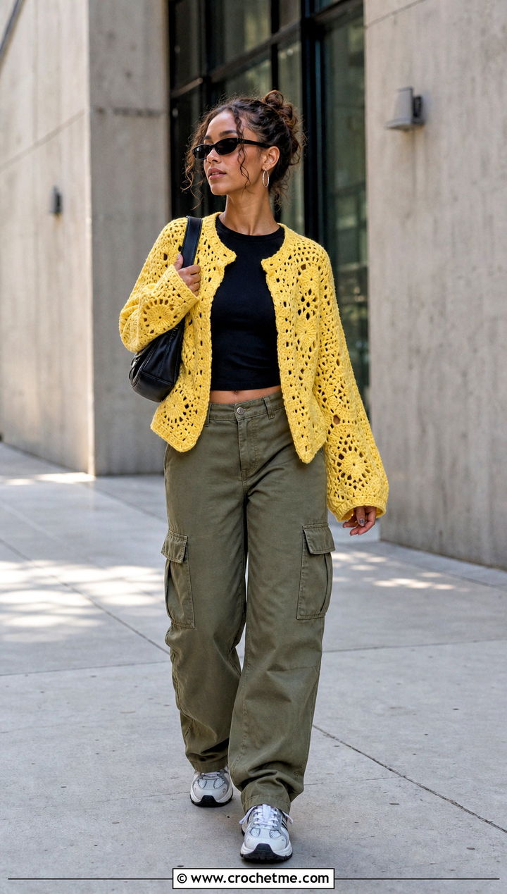 Hexagon Crochet Cardigan With Cargo Pants - 25 witchy crochet cardigan outfit ideas