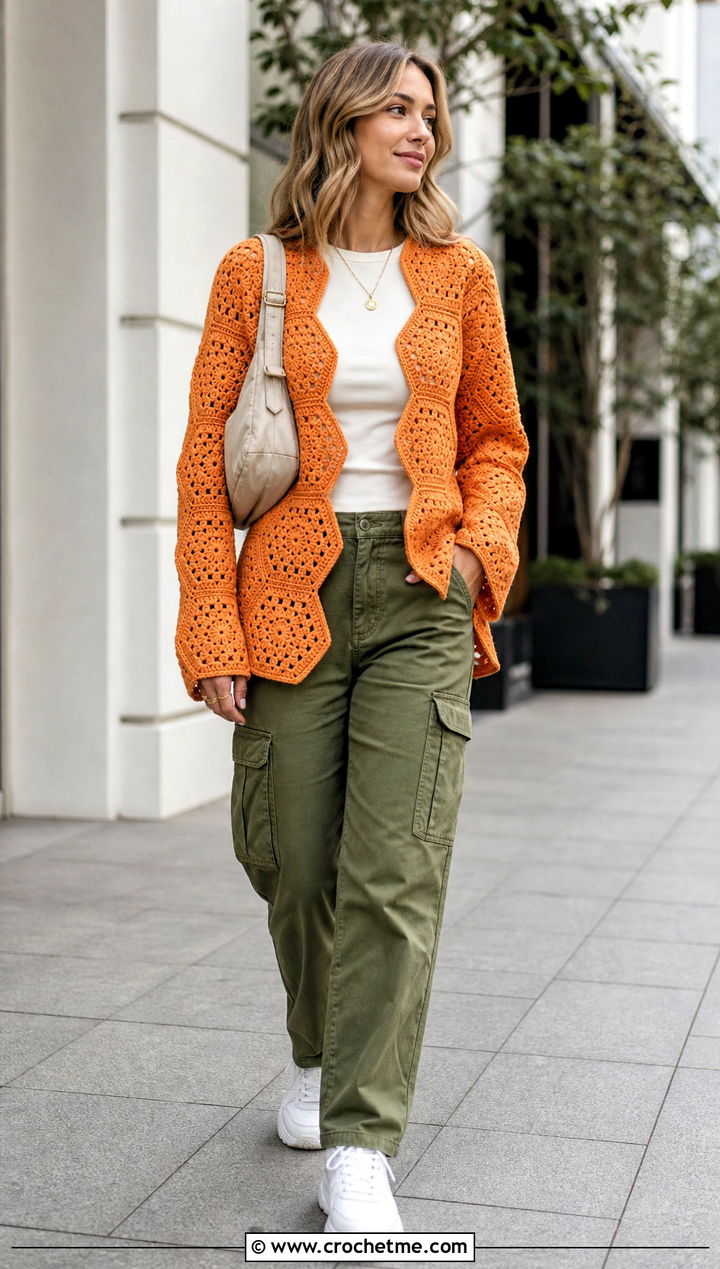 Hexagon Crochet Cardigan With Cargo Pants - 30 crochet for cardigans outfit ideas