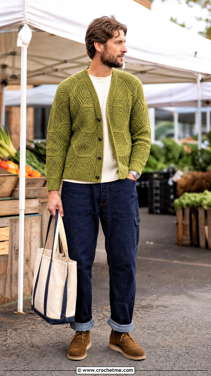 Hexagon Crochet Cardigan With Carpenter Jeans - 35 crochet cardigan men outfit ideas