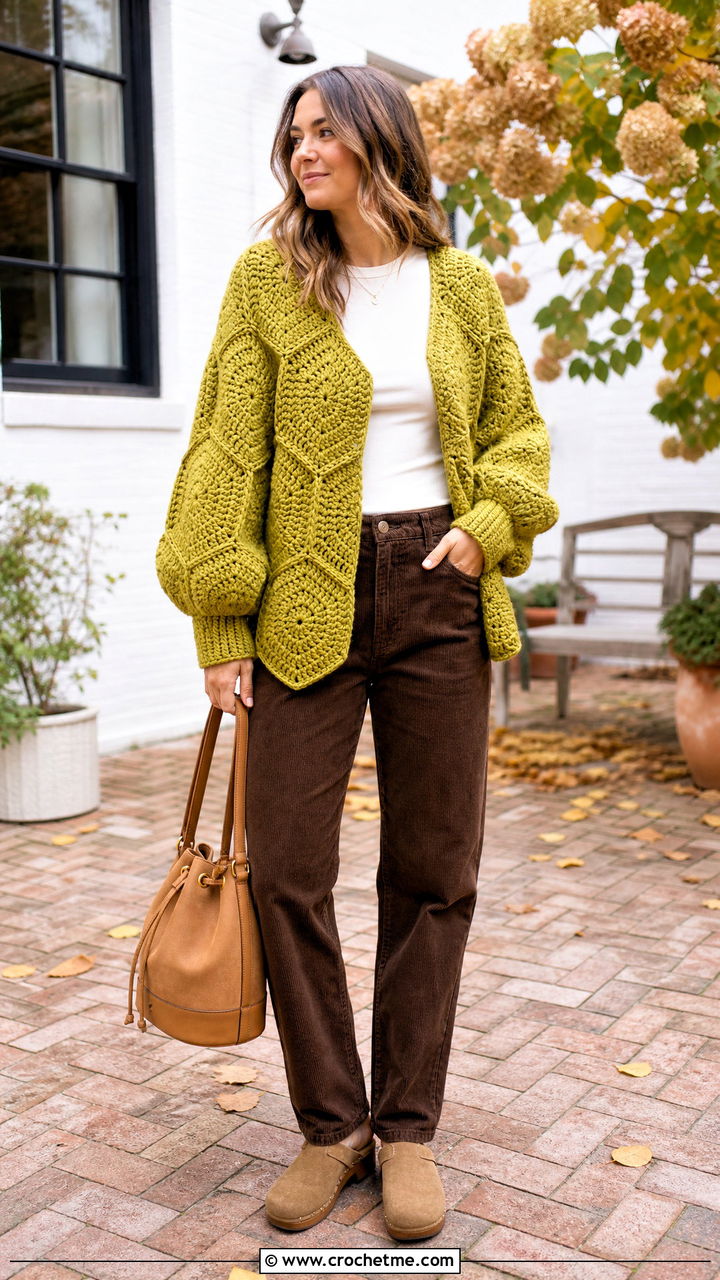 Hexagon Crochet Cardigan With Corduroy Pants - 35 chunky crochet cardigan outfit ideas