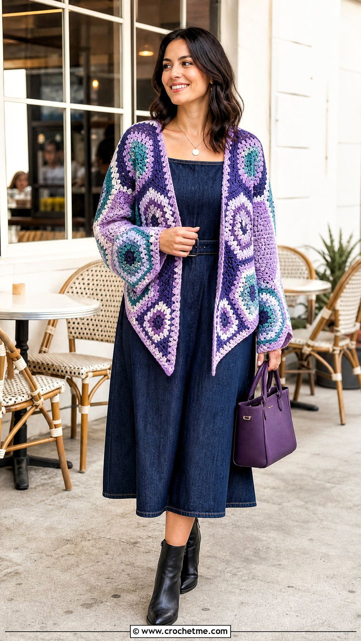 Hexagon Crochet Cardigan With Denim Dress - 35 crocheted cardigan outfit ideas