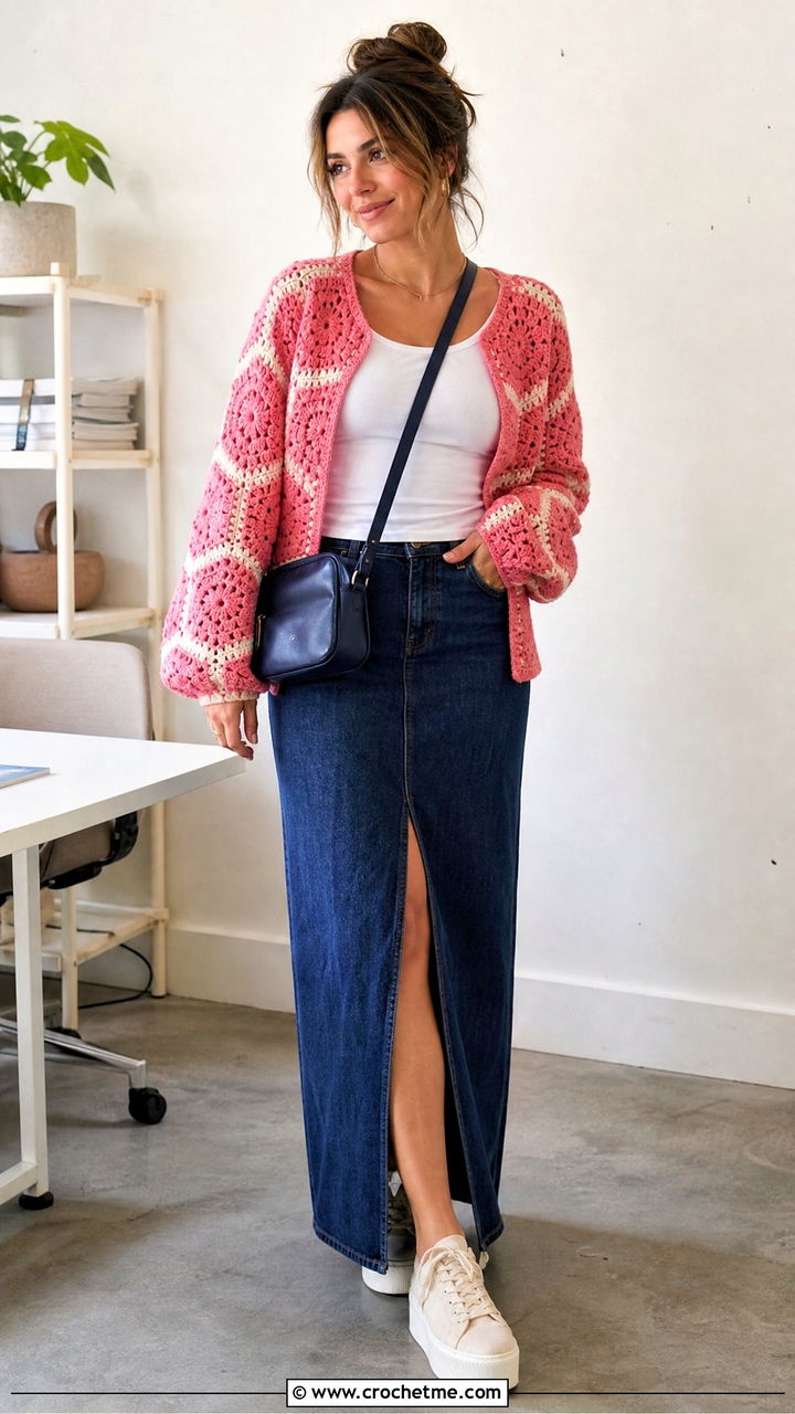 Hexagon Crochet Cardigan With Denim Maxi Skirt - 35 crochet cardigan ideas