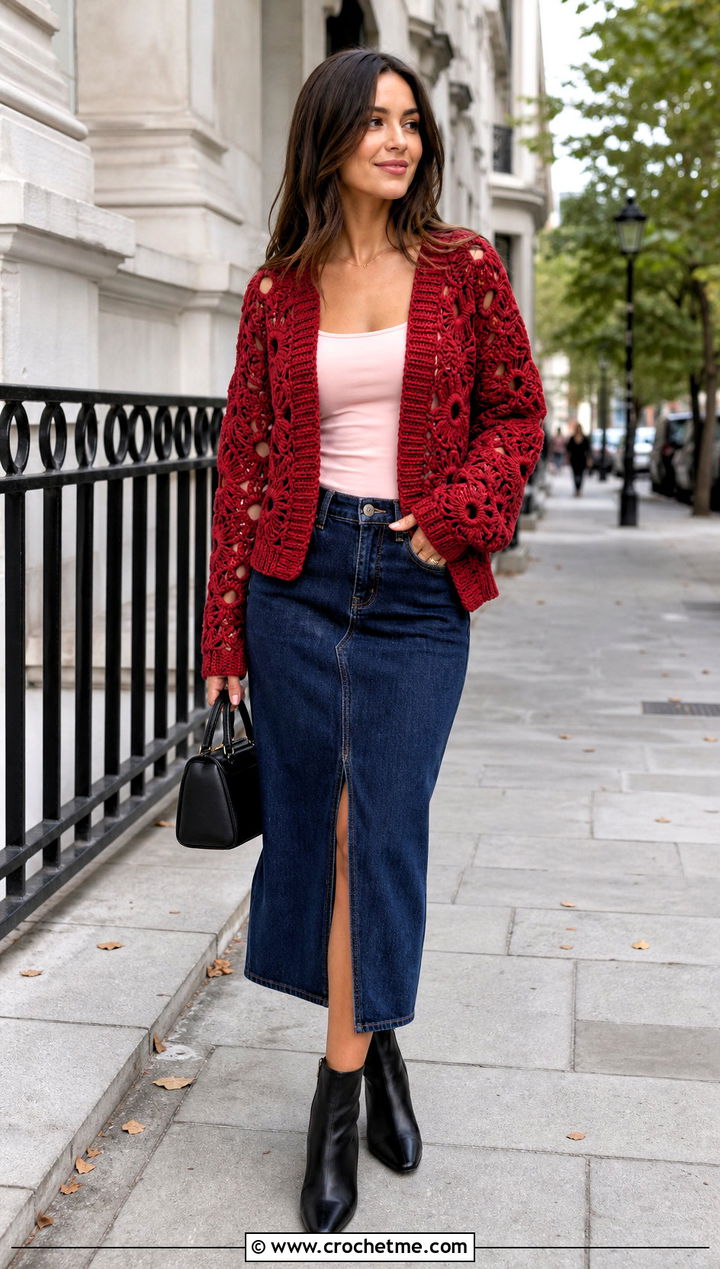 Hexagon Crochet Cardigan With Denim Midi Skirt - 30 Crochet Lightweight Cardigan outfit ideas