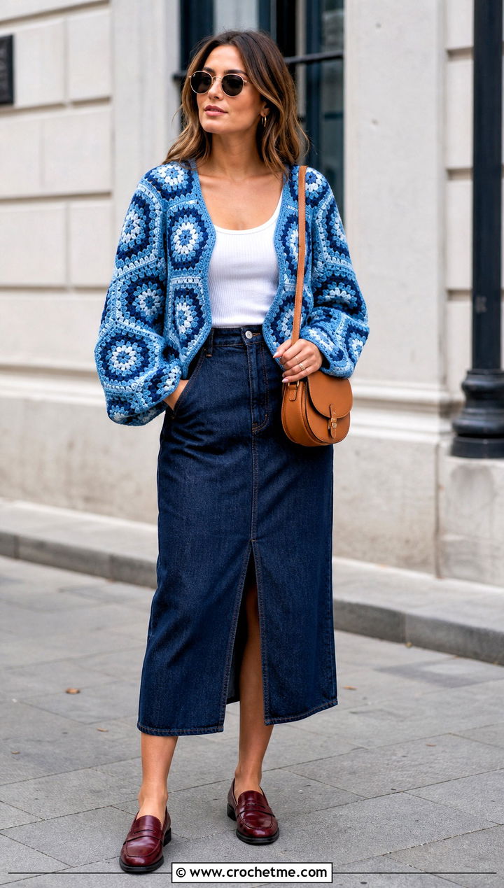 Hexagon Crochet Cardigan With Denim Midi Skirt - 35 ladies crochet cardigan outfit ideas