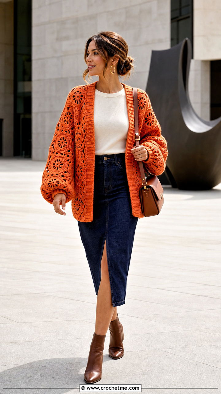 Hexagon Crochet Cardigan With Denim Midi Skirt - 35 oversized crochet cardigan outfit ideas