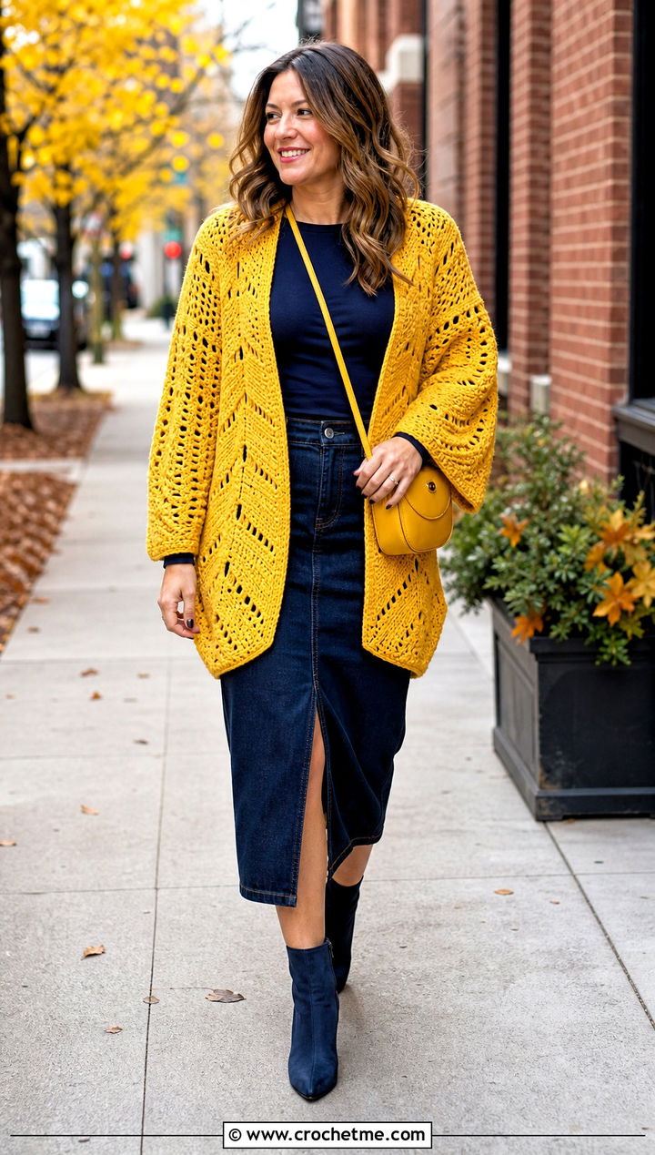 Hexagon Crochet Cardigan With Denim Midi Skirt - 30 3 weight yarn crochet cardigan outfit ideas