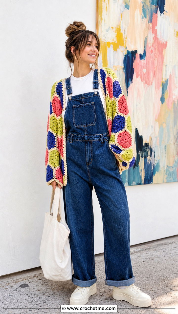 Hexagon Crochet Cardigan With Denim Overalls - 15 trendy crochet cardigan outfit ideas