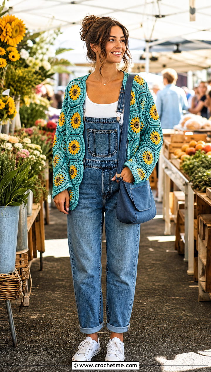 Hexagon Crochet Cardigan With Denim Overalls - 30 loose crochet cardigan outfit ideas
