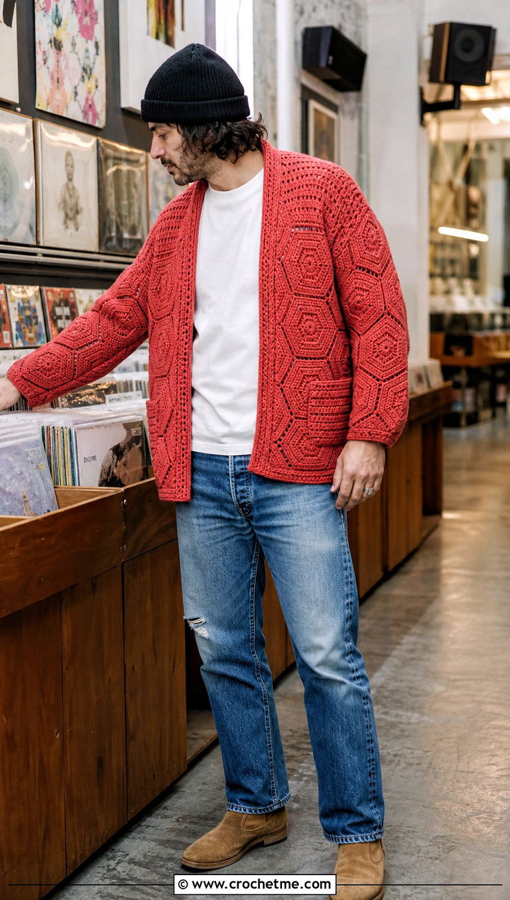 Hexagon Crochet Cardigan With Distressed Denim - 30 mens crochet cardigan sweater outfit ideas
