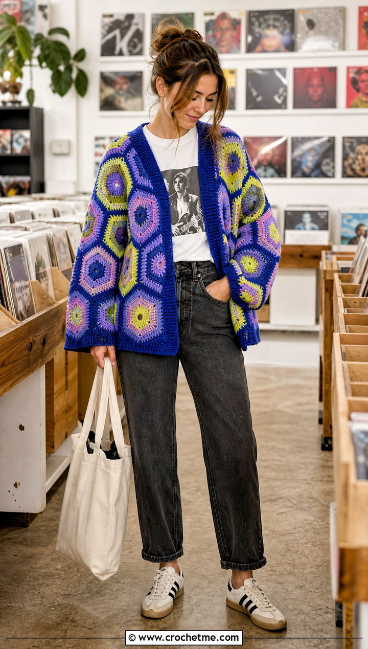 Hexagon Crochet Cardigan With Graphic Tee And Jeans - 25 Autumn Crochet Cardigan outfit ideas