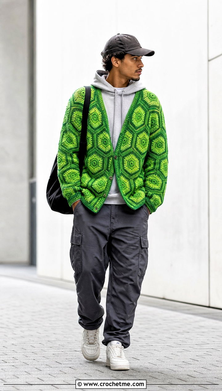 Hexagon Crochet Cardigan With Hoodie and Cargo Pants - 20 men's crochet cardigan outfit ideas