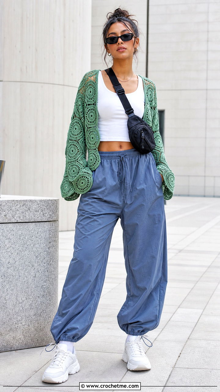 Hexagon Crochet Cardigan With Parachute Pants - 35 crochet cardigans outfit ideas