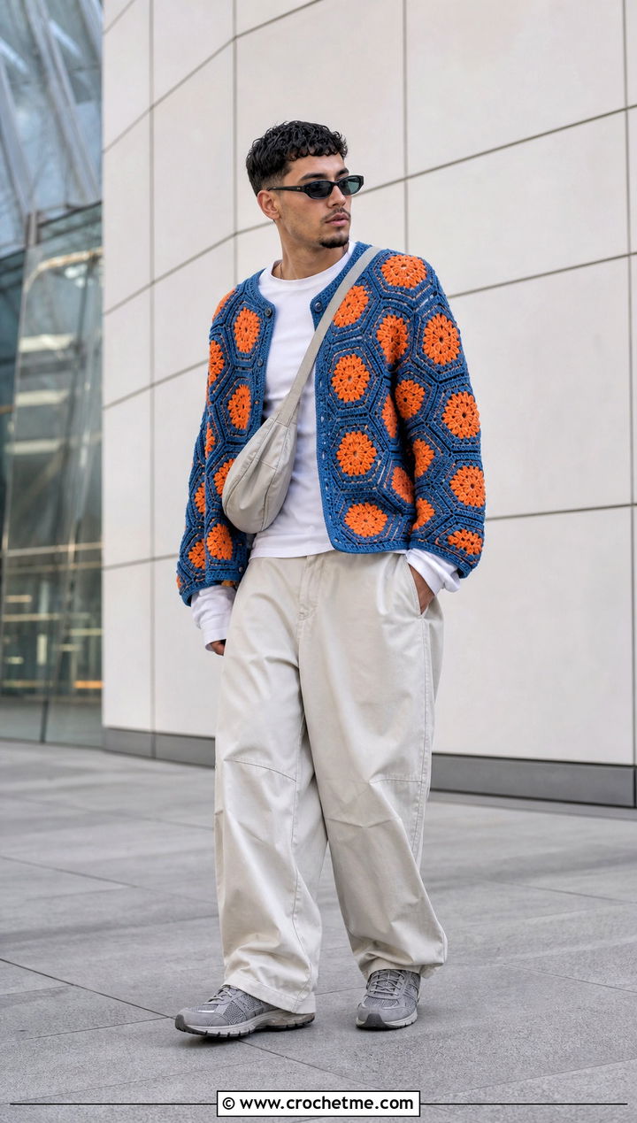 Hexagon Crochet Cardigan With Parachute Pants - 30 crochet man cardigan outfit ideas