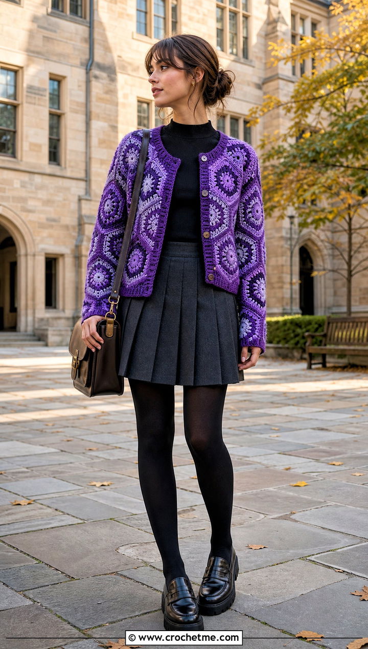 Hexagon Crochet Cardigan With Pleated Mini Skirt - 15 Crochet Cardigan Fall Fashion and outfit ideas