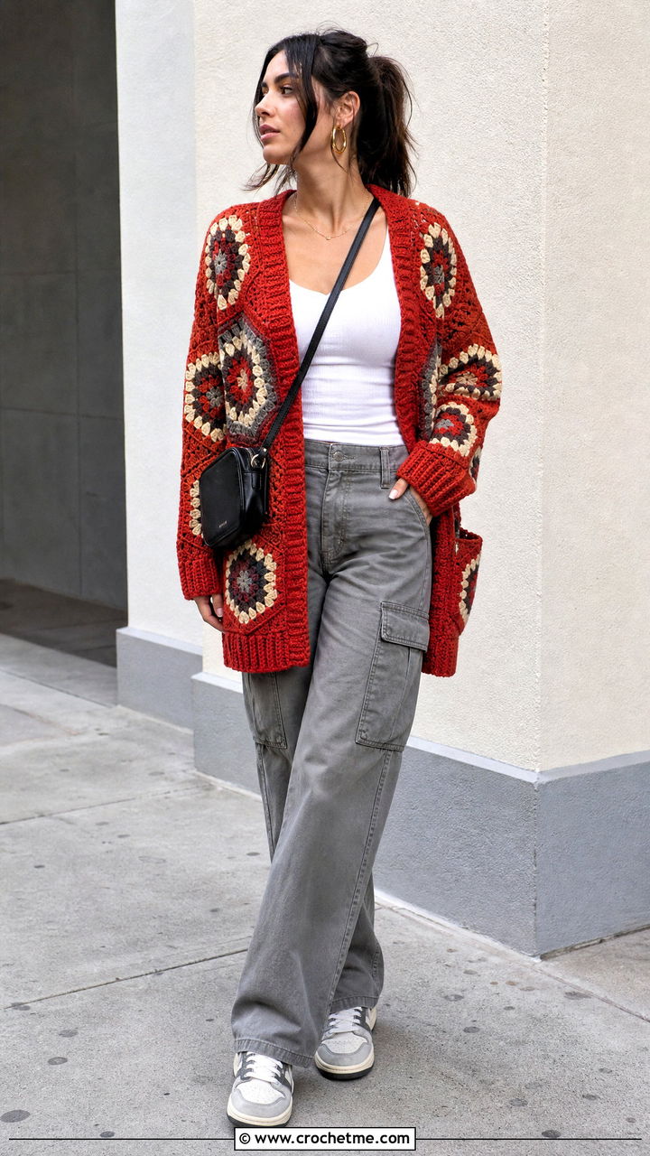 Hexagon Crochet Cardigan With Pockets And Cargo Pants - 35 crochet cardigan with pockets outfit ideas