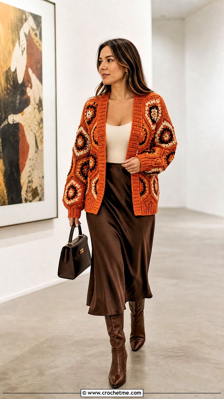 Hexagon Crochet Cardigan With Satin Skirt - 35 crochet winter clothes and outfit ideas