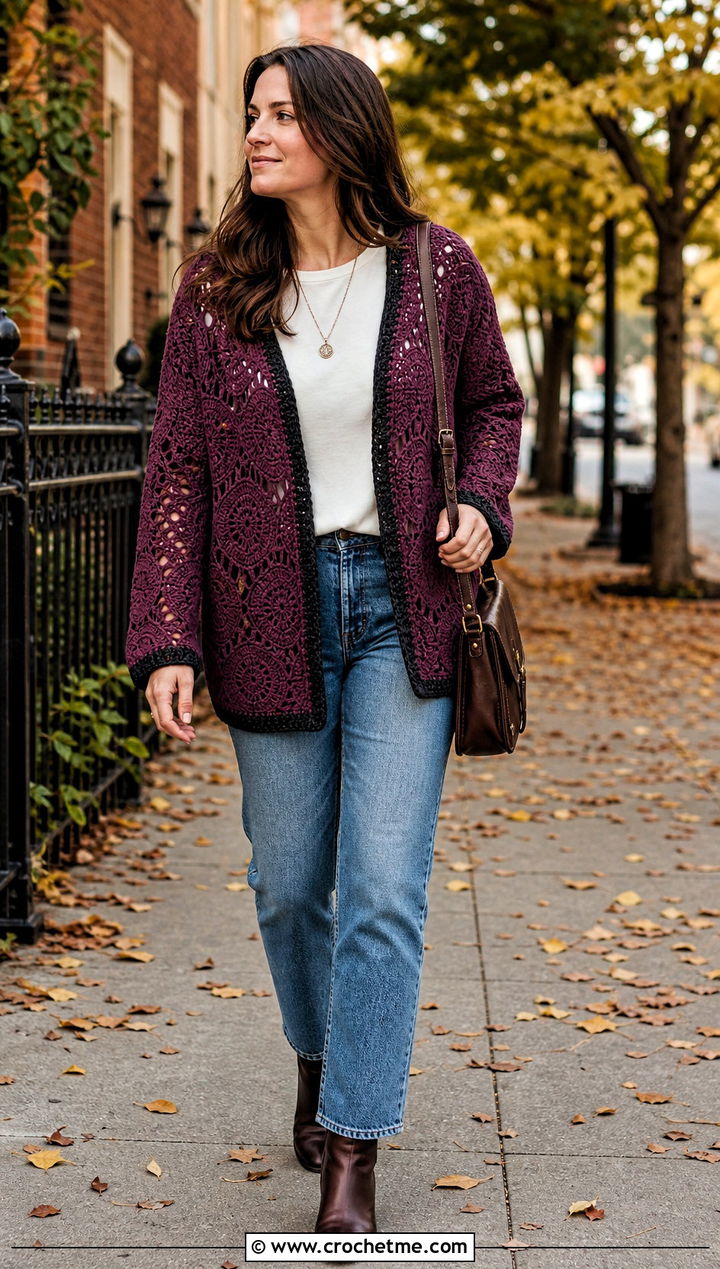 Hexagon Crochet Cardigan With Straight Leg Jeans - 25 Crochet For Beginners Clothes and outfit ideas