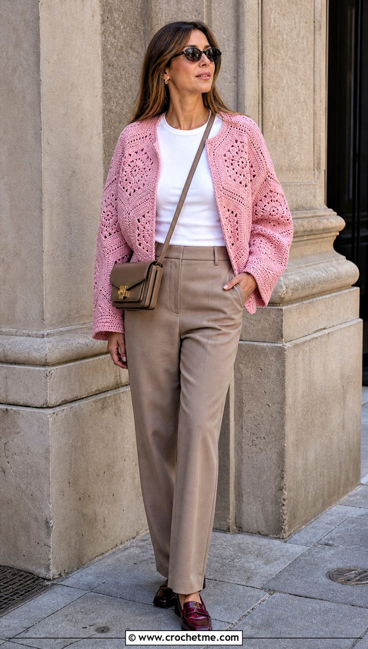 Hexagon Crochet Cardigan With Straight Leg Trousers - 25 elegant crochet cardigan outfit ideas