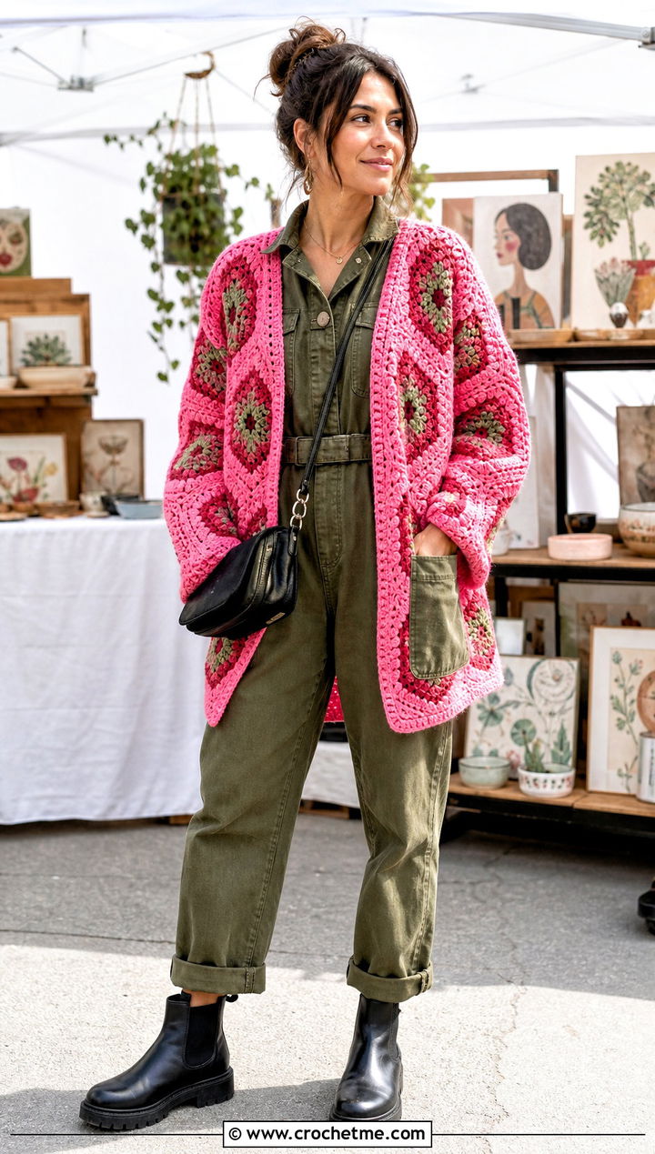 Hexagon Crochet Cardigan With Utility Jumpsuit - 25 lightweight crochet cardigan outfit ideas
