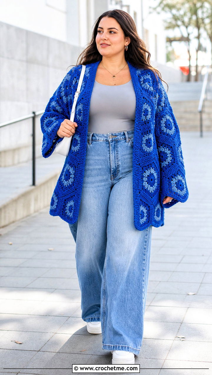 Hexagon Crochet Cardigan With Wide Leg Denim - 25 thick crochet cardigan outfit ideas