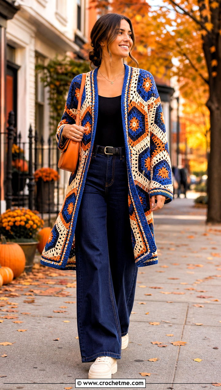 Hexagon Crochet Cardigan With Wide Leg Jeans - 25 halloween crochet cardigan outfit ideas